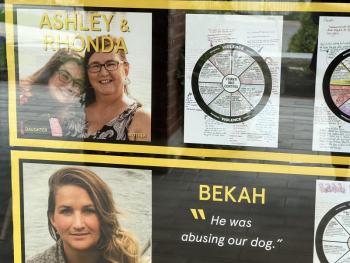 Mother and daughter Rhonda and Ashley, and Bekah, are among the 15 domestic abuse survivors bringing light to the issue and to sister survivors in the lower bank of windows of the Rockport Public Library through October. (Photo by Patrisha McLean)