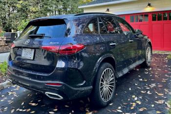 For 2023, the GLC 300—a compact, four-person SUV—became more luxurious and gained extra space in the cargo compartment. These are optional 20-inch wheels and this color is Nautical Blue Metallic.
