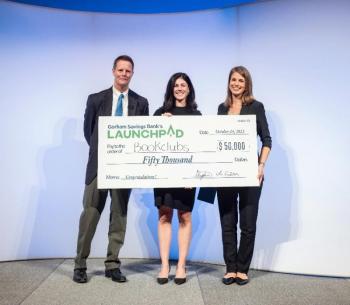 L to R: Gorham Savings Bank CEO Steve deCastro and Anna Ford of Bookclubs with Katie Grant, LaunchPad emcee and Commercial Banker at GSB. (Photo courtesy Gorham Savings Bank)