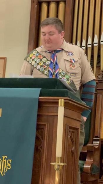 Eagle Scout Drew Swindler read a letter he had written thanking those in the audience and those who could not be present including former Scoutmaster Vern Bradeen, who passed in 2018. (Photo courtesy Chuck Mahaleris)