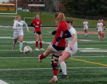 Camden and Brunswick girls varsity soccer teams met on the field in Rockport Nov. 4 in a fierce game that showed the strength of both teams. (Photo courtesy Caleb Carr)
