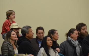 Lincolnville citizens lined the walls of the cafeteria for the special town meeting to consider a moratorium on nonresidential developments. (Photo by Lynda Clancy)