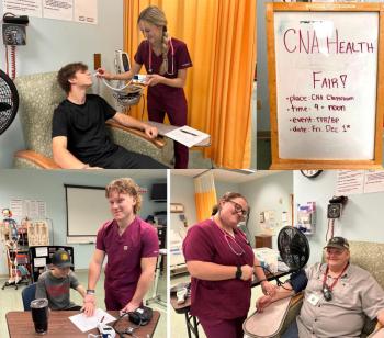 Top left: Emmaline New, BAHS Junior, takes the temperature of Michael Clay, Mount View Freshman; Bottom left: Lucas Johndro, BAHS Senior, checks vital signs of Searsport District High School ninth grader Cameron Murphy; bottom right: SDHS Senior Brianna Fairbrother checks the blood pressure of WCTC instructor, Mark Scipione. Brianna will attend Eastern Maine Community College next year for paramedic and EMT training. She hopes to use her CNA certification while working at a local hospital. (Photo courtesy Waldo County Technical Center)