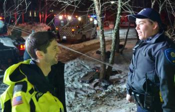 After the rescue, a sense of relief. Rockport firefighter Mike Root and Rockport Police Officer Celjeta Bixhaku. (Photo by Lynda Clancy)