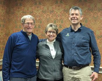 Steve and Karen O’Bryan with Coastal Rivers Executive Director Steven Hufnagel after completing the donation of a conservation easement on the couple’s land in Damariscotta. (Photo courtesy Coastal Rivers)