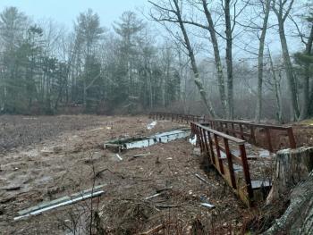 What initially looked like a boardwalk alongside the Camden Harbor is really a pier that washed onto land.