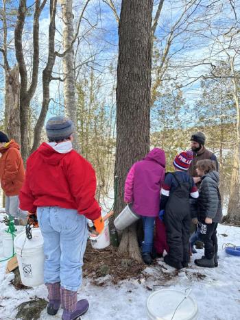Aaron Englander, Associate Director of Stewardship at Aldermere Farm and Erickson Fields, demonstrates how to tap a sugar maple. (Photo courtesy Matsu Hikida)