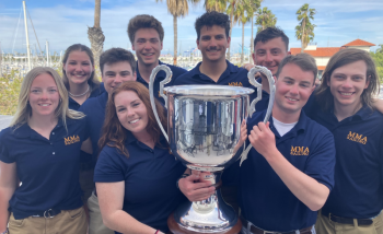 Maine Maritime Academy’s Offshore Sailing Team brings the trophy back to Castine, Maine. From left to right: Sarah Evans, Sarah Shank, Ellis Braga, Courtney King, Aidan Pepperd, Nala Ho, Zachary York, Kyle Carse and Drake Reid. (Photo courtesy Patrick DiLalla)