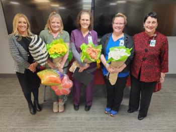 Pen Bay Medical Center employee award winners,from left: Denise Needham, PharmD, president of Pen Bay and Waldo; Sunshine Award winner Lori Gary; Standing Ovation winner Deborah Ketchen; DAISY Award winner Lindsay Geyer; and Ellen Leone, RN, MSN, chief nursing officer. (Photo courtesy Pen Bay Medical Center and Waldo County General Hospital)