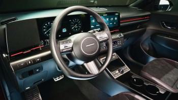 The Kona’s crisp new digital readouts—the configurable gauge panel and the infotainment touchscreen—are under one sheet of glass, for a modern look, and each measures 12.3 inches diagonally.