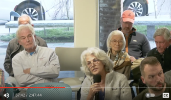 Rockport resident Martha White questions the reasoning of town assumptions made in assessing Camden’s willingness to negotiate with Rockport and the future of a two-town wastewater system. The April 8 public hearing on a $33 million wastewater treatment plant and extended sewer capacity to West Rockport drew supporters and those who advised delaying on placing the project proposal before voters at June Town Meeting.