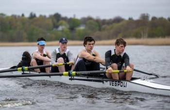 Boys coxed four at Neponset. Connor Howland, Jake Roux, Even Fossum, Robert Wickenden. Sophia Howell, cox (Photo courtesy Kevin Brown)