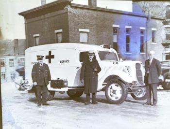 A sales representative, while on the way to deliver a new ambulance to Camden in 1936, stopped at Gardiner Fire Depart to show the unit to them. This photo is courtesy of Bud Pierce, Gardiner firefighter and historian who cares for an extensive collection of Gardiner Fire history. Camden ambulance