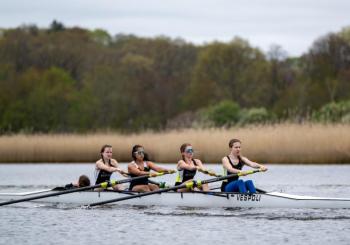 Girls coxed four at Neponset. Flora Gurdon, Laura Riordan, Leona Bournival, Tucker Beynart, Ruth Weiss, cox (Photo courtesy Kevin Brown)