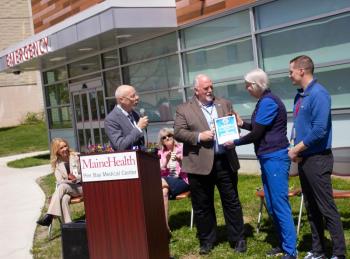 Pictured from left: Denise Needham, PharmD, president of Pen Bay Medical Center and Waldo County General Hospital; Wil O’Neal, Maine EMS director; Maine State Representative Vicki Doudera; Marc Minkler, Maine EMS-C Program Manager; Diane Hynes, RN, Pen Bay Emergency Department pediatric care coordinator; and Tyler Giberson, MD, Pen Bay Chair of Emergency Medicine. (Photo courtesy Pen Bay Medical Center)