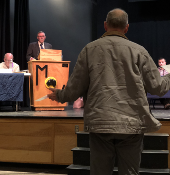 Union Elementary School Principal Scott White requests clarification from the Board during the 2024-2025 RSU 40 Budget Meeting on May 14. (Sarah Masters photo)