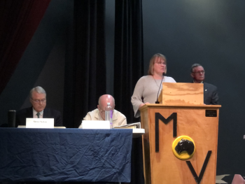 RSU 40 Business Manager Karen Pike addresses audience questions during the Budget Meeting on May 14 in Waldoboro. (Sarah Masters photo)