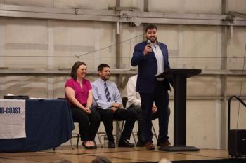 Thomas Kennedy, Steel-Pro Inc, representing Maine Blue Collar Scholarship. (Photo courtesy Mid-Coast School of Technology)