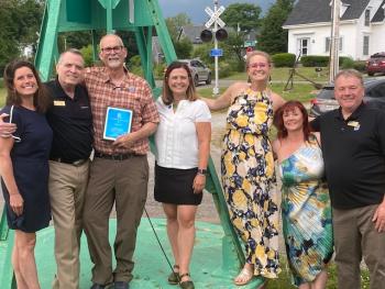 (L-R) Pen Bay Council President-Elect, Fletcher Smith-McNaboe; Maine Association of REALTORS President, Paul McKee; REALTOR of the Year recipient, Sandy Cox; Pen Bay Council President, Victoria Condon; Mid-Coast Board of REALTORS President, Monet Yarnell; Pen Bay Council First Vice President, Cindy Harding; Maine Association of REALTORS President-Elect, Jeff Harris. (Photo courtesy Jen Johanson)