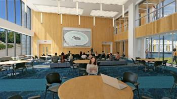 The center for ocean education and innovation will include additional laboratories, expanded teaching spaces, and a new 300-seat public forum, rendered here. Courtesy photo