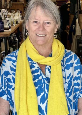 Barbara Heard with scarf from Glendarragh Lavender