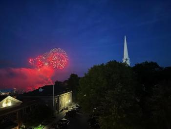 (Fireworks and the Chestnut Street Baptist Church steeple. (Photo courtesy Rich Anderson)