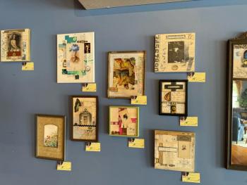 Some of Robin Brawn’s unique creations combining collage and paint. (Photo by Ed O’Brien)