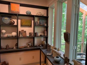 Some examples of Sime’s work at his Lincolnville Center studio. (Photo by Ed O’Brien)