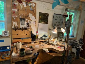Antje’s background is in goldsmithing and jewelry making, pivoting into the larger scale medium of mobiles during the pandemic. (Photo by Ed O’Brien)