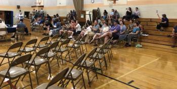 A crowd of about 50 people gathered to watch the School Board meeting on Aug. 1 in Union. Most of the attendees appeared to support Policy ACAAA, which provide protections for transgender and gender expansive students. The audience was visible pleased when the Board voted to rescind an earlier decision to delete the policy. (Sarah Masters photo)