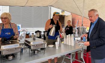 Serving up blueberry pancakes and coffee at the annual Camden Rotary Pancake Breakfast, with Dawn Harlor and Stephanie French (Photo by Lynda Clancy)