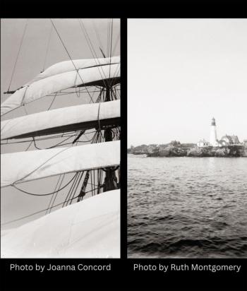 Left: Looking aloft on the ship ‘State of Maine’. Photo taken by Joanna Colcord around 1900. Joanna Colcord Collection, LB2003.61.1431. Right: Going by Portland Head Light on the bark ‘Carrie Winslow’. Photo taken by Ruth Montgomery around 1900. Ruth Montgomery Collection, LB1990.49.11. (Photo courtesy Penobscot Marine Museum)