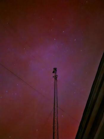 Ham radio tower, on Matinicus, bold against a solar storm and aurora borealis. (Photo by Paul Murray)