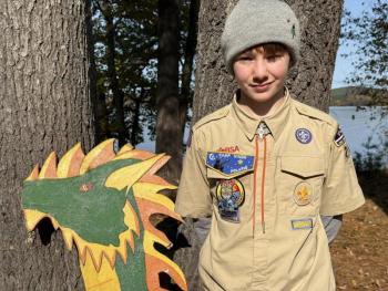 Finlay Woodbury of Rockport is a new Scout in Troop 200 in Camden. “It was a little cold to camp out but it has been a lot of fun. I had fun playing Jump Tag.”