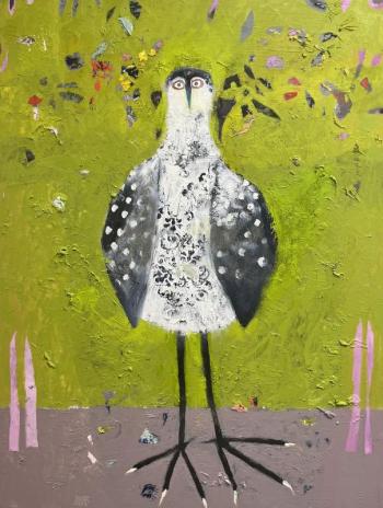 Garden Bird 131, oil on panel 2024 by Sheep Jones. (Photo courtesy Belfast Free Library)