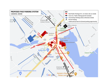 NOTE: This is a revised Proposed Parking System map showing the first Congregational Church (outlined in green) as an underutilized private lot, eliminating the small Central Street lot, and showing only the south side of Pearl Street as available all day parking.    