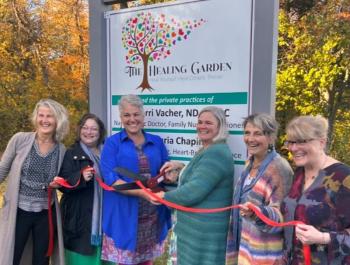 The Healing Garden’s Michelle Walker, Jacqueline Campbell, Diana Chapin, Dr. Kerri Vacher, Michele Leclerc and Joanne Pease celebrate a ribbon cutting at their new location at 69 Lincolnville Avenue, Belfast.  Other founding members absent from the photo include Dr. Deb Peabody, Larriean Pickford and Kathy Gaskin. (Photo courtesy Belfast Chamber of Commerce)  