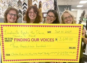 The month-long Lincolnville Breaks the Silence fund-raiser for Finding Our Voices included an epic yard sale and a pizza party. From left to right Mary Kamradt, Chief of Staff of Finding Our Voices, Christine Buckley, owner of Christine’s Framing Gallery, Pizza Maker Extraordinaire Rose Lowell, and Patrisha McLean, Finding Our Voices CEO and founder. (Photo by Jim Nickelson) The month-long Lincolnville Breaks the Silence fund-raiser for Finding Our Voices included an epic yard sale and a pizza party. From left to right Mary Kamradt, Chief of Staff of Finding Our Voices, Christine Buckley, owner of Christine’s Framing Gallery, Pizza Maker Extraordinaire Rose Lowell, and Patrisha McLean, Finding Our Voices CEO and founder. (Photo by Jim Nickelson)
