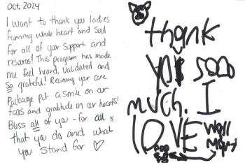Thank you note to Finding Our Voices. Patrisha McLean, CEO and Founder of Finding Our Voices, flanked by the nonprofit’s Chief of Staff Mary Kamradt  (right) and Patrisha’s daughter and Finding Our Voices volunteer Jackie McLean Strack. Jackie is featured in the group’s poster campaign referencing abuse by her father. She also provides the music for Patrisha’s Podcast “Let’s Talk About It”.  (Photo courtesy Finding Our Voices)
