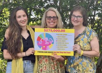 Patrisha McLean, CEO and Founder of Finding Our Voices, flanked by the nonprofit’s Chief of Staff Mary Kamradt  (right) and McLean’s daughter and Finding Our Voices volunteer, Jackie McLean Strack. Strack is featured in the group’s poster campaign referencing abuse by her father. She also provides the music for Patrisha’s Podcast “Let’s Talk About It”.  (Photo courtesy Finding Our Voices)