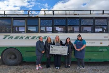  L to R: Kate Elmes, Trekkers Deputy Director; Katie Chilles, Heidi Neal and Melissa Robbins from J. Edward Knight Rockland Office; and TJ Morris, Principal Program Manager of Trekkers. (Photo courtesy J. Edward Knight Insurance)
