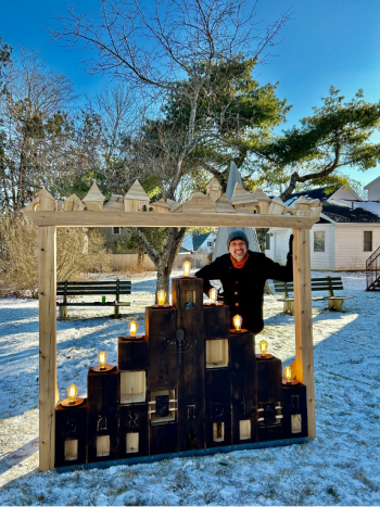 Aaron Margolis and his Menorah in 2024, cedar, copper, found materials. (Photo courtesy Parsonage Gallery)