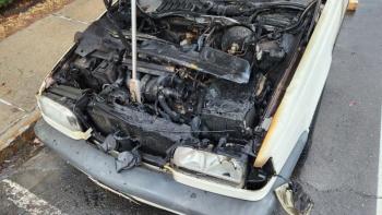 The engine compartment of the 1997 Volvo after its fire. (Photo courtesy Camden Fire Dept.) Volvo after fire