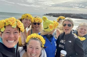 Amy Hopkins, of Saltwater Mountain Co., with her Dip Down to Rise Up posse at York Beach in 2024. The group will dip for Finding Our Voices this year, same place, 4:30 p.m. (Photo courtesy Amy Hopkins/Finding Our Voices)
Finding our Voices