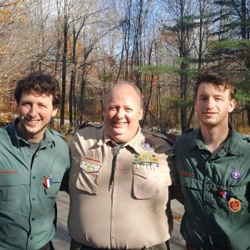 "This is my favorite photo in Scouting. Me and my Eagle Scout sons Devon (left) and Jared (right)." (Photo courtesy Chuck Mahaleris)
"This is my favorite photo in Scouting. Me and my Eagle Scout sons Devon (left) and Jared (right)." (Photo courtesy Chuck Mahaleris)