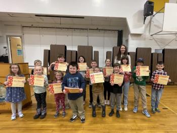 Gratitude award winners, pictured with Principal, Ainslee Riley: Front: Riley Blakeway, Hailey Ames, Violet Dailey, Adam Breen, Anthony Diaz, Ryman Ames-Allan. Back: Emmett DeYoung, Logan Atwood, Gemma Rubino, Avery Cole, Jayla O’Hare, Norah Smith, Dominic Jefferson, Calvin Paul. Not pictured: James Magnoli, and Jayden Callahan. (Photo courtesy Thomaston Grammar School)