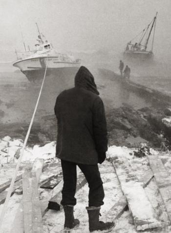 Double Trouble, from the National Fisherman Collection, Penobscot Marine Museum. A fierce snowstorm on the night of December 4, 1972 drove both the Alton A, a 55-foot wooden dragger, and her embarrassed rescuer, a 44-foot Coast Guard utility boat, up onto the ledges at the mouth of Maine’s Casco Bay. Double Trouble, from the National Fisherman Collection, Penobscot Marine Museum.