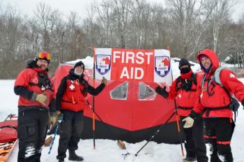 Ragged Mountain Ski Patrollers R.J. Polky, Margaret Williams, Brad Wolfgang and Alex Cohen. (Photo by Lynda Clancy) (Photo by Lynda Clancy)