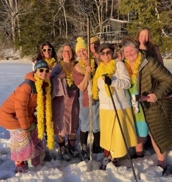 Erja Lipponen’s Wander Women at Crawford Lake in Union with ice chisels, axes and saws, after a sauna. Back row left to right: Kerry Hadley, Amanda Beal, Miska Järvinen. Front Row: Mary Gordon, Autumn Cipala, Sarah Swajkos, Carla Armbuster, Amy Fisher. (Photo by Erja Lipponen) Erja Lipponen’s Wander Women at Crawford Lake in Union with ice chisels, axes and saws, after a sauna. Back row left to right: Kerry Hadley, Amanda Beal, Miska Järvinen. Front Row: Mary Gordon, Autumn Cipala, Sarah Swajkos, Carla Armbuster, Amy Fisher. (Photo by Erja Lipponen)