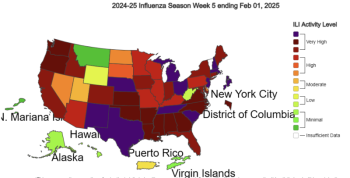 By Week Six, ending Feb. 8, the strains of flu had spread across the country with few states spared. (Image courtesy Maine CDC) U.S. flu